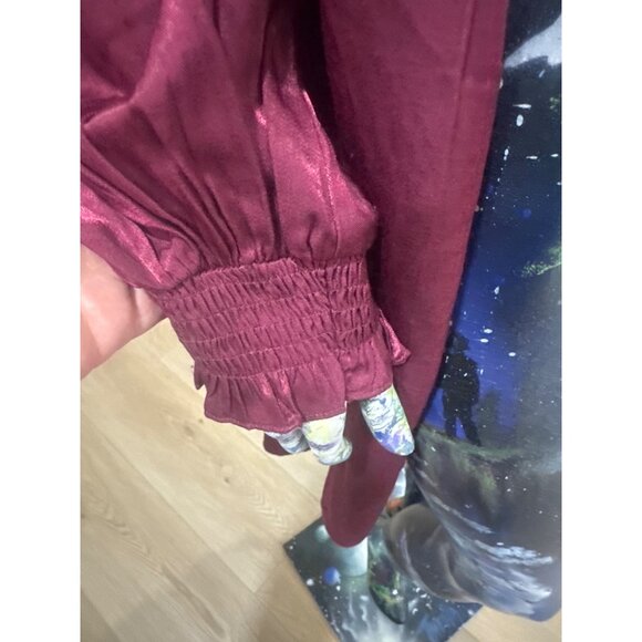 Lucy Paris Burgundy Button-Front Midi Dress With Smocked Waist & Cuffs V-Neck Lo - Picture 6 of 6